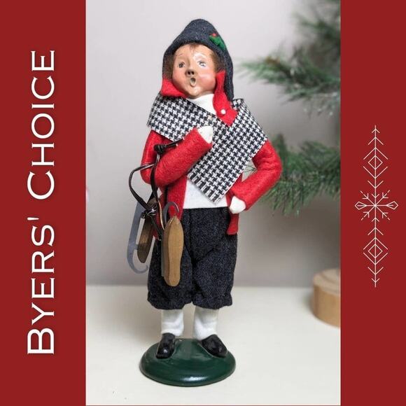 Byers' Choice Caroler 1991 Boy w/Skates Plaid Scarf Red Coat Christmas Holiday - Picture 1 of 7